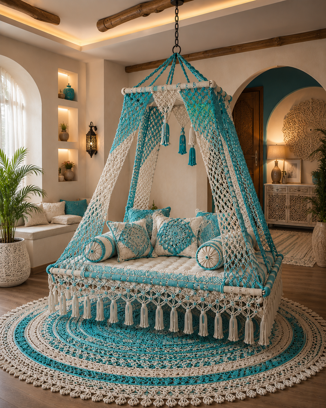 A bohemian-style hanging daybed canopy made of turquoise and cream crochet mesh, decorated with matching pillows and tassels, suspended over a round crocheted rug in a warm, decorated room.