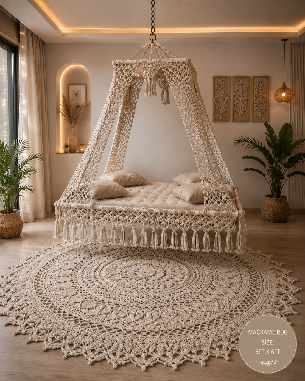 Boho-style macrame set in a warm, modern room, featuring a large round macrame rug on the floor, a hanging macrame canopy daybed with cream cushions, and a macrame wall hanging. The room has warm wood floors, potted plants, and soft ambient lighting.