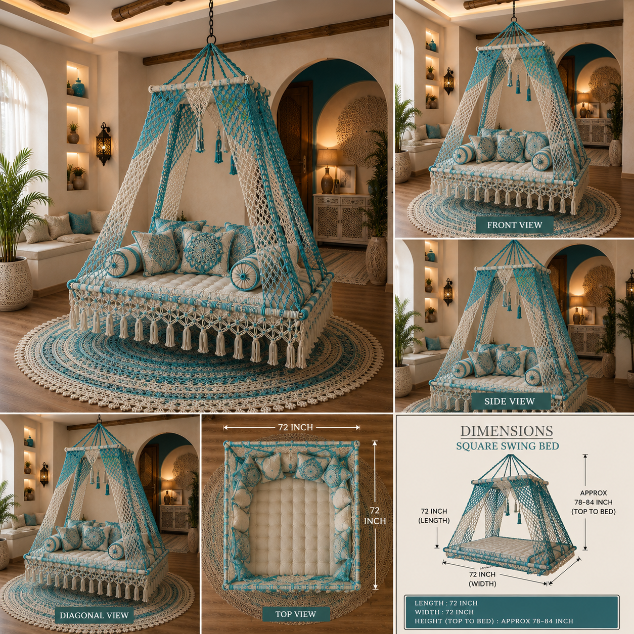 A collage showing a bohemian-style hanging swing bed with a teal and cream crochet canopy, multiple angles including front, side, top, and diagonal views, plus a dimensions diagram in the bottom right.