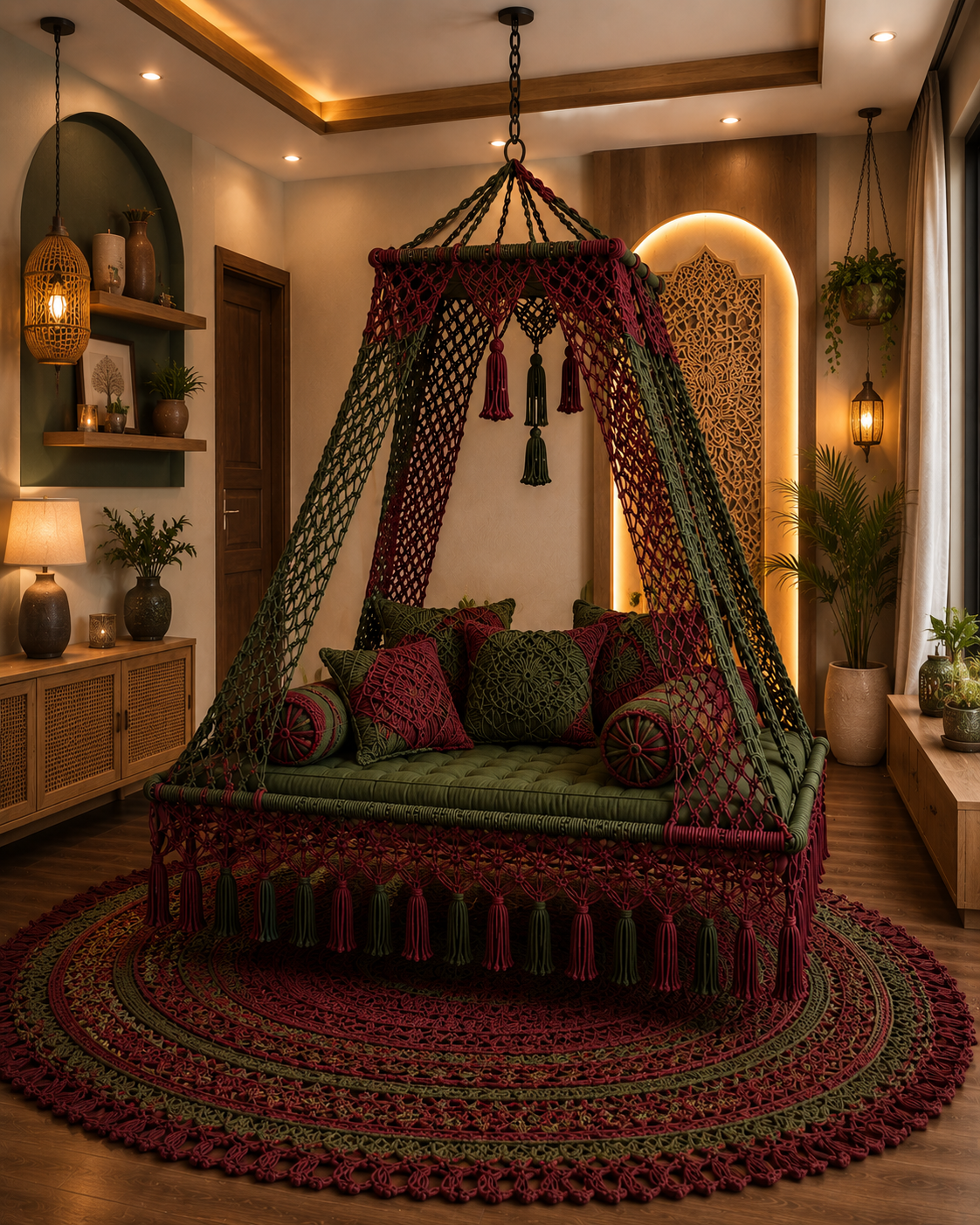 A bohemian-style woven daybed suspended under a large matching net canopy, placed on a round crocheted rug in a warm, decorated room with shelves, lamps, and plants.