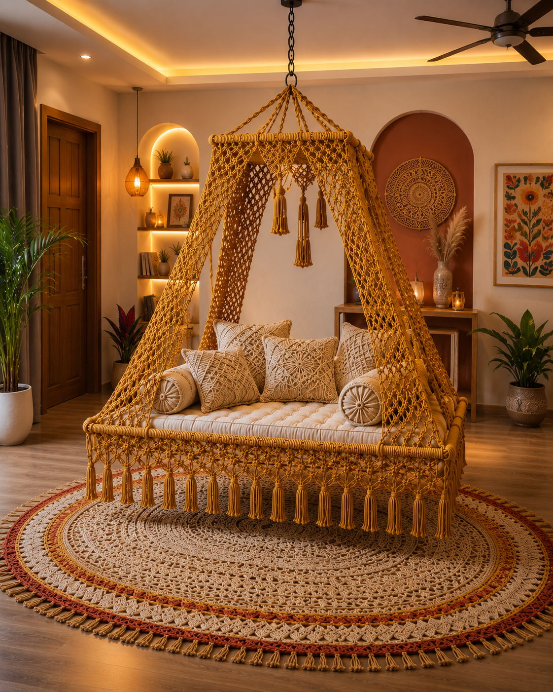 A large woven rattan hanging daybed with a canopy frame, tassel details, and multiple decorative pillows, styled in a warm bohemian living room on a round patterned rug.