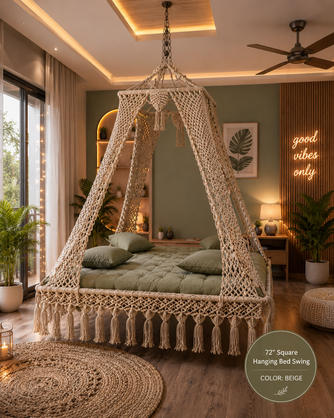 A 72-inch square hanging bed swing made of beige macrame rope, suspended over a tufted sage green daybed with matching pillows in a styled bedroom setting.