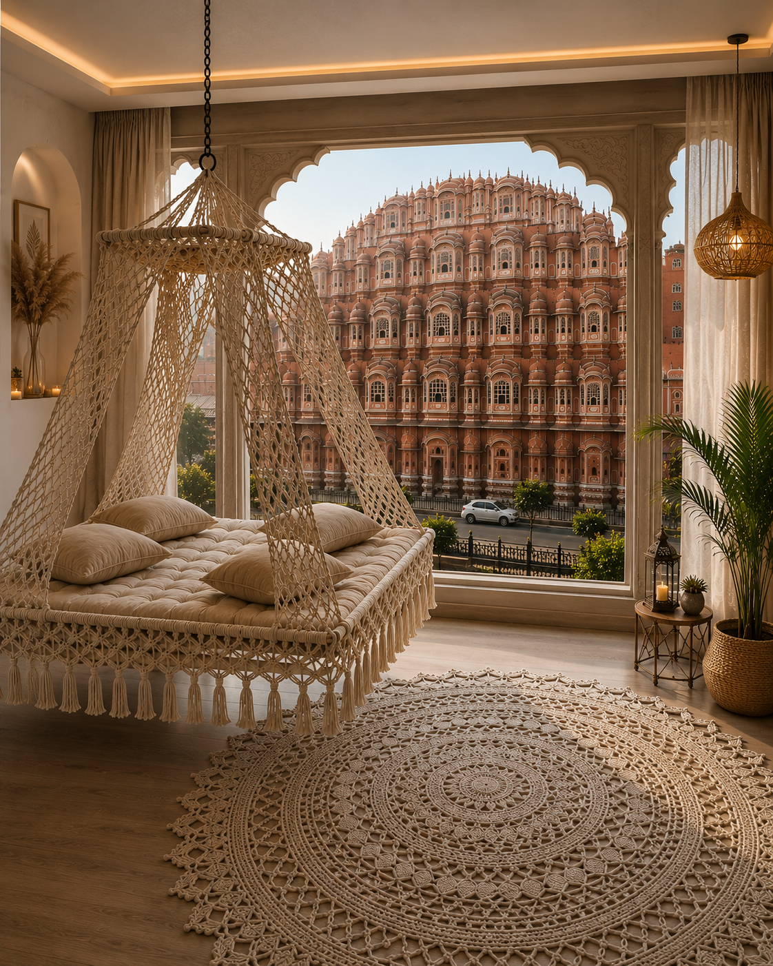 A bohemian-style bedroom featuring a large cream macrame hanging daybed canopy with pillows, a round woven rug, and a large window looking out onto a view of the pink haveli building in Jaipur.