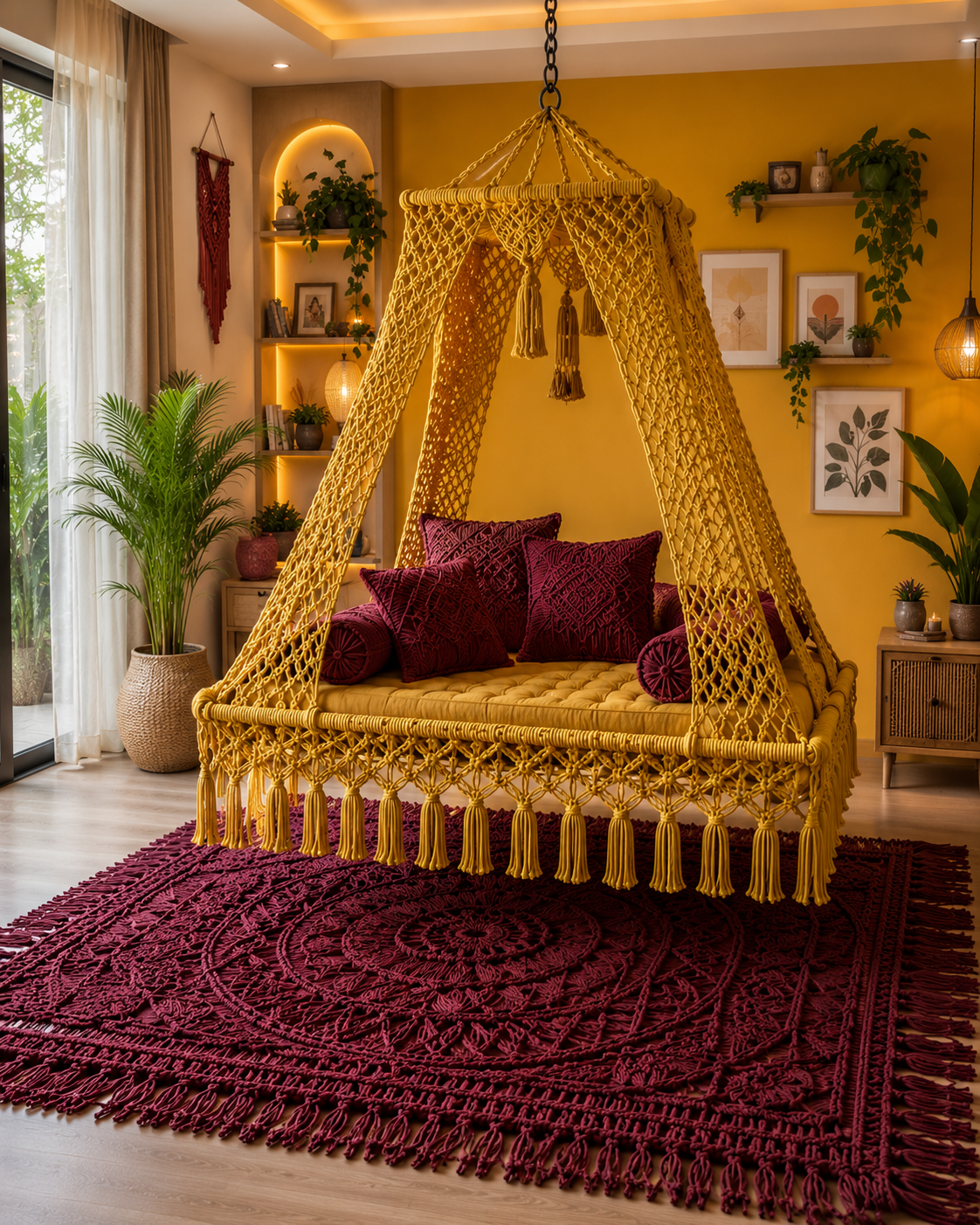 A yellow macrame hanging daybed with a canopy frame and deep burgundy pillows, styled in a warm bohemian room with a matching macrame rug and yellow wall.