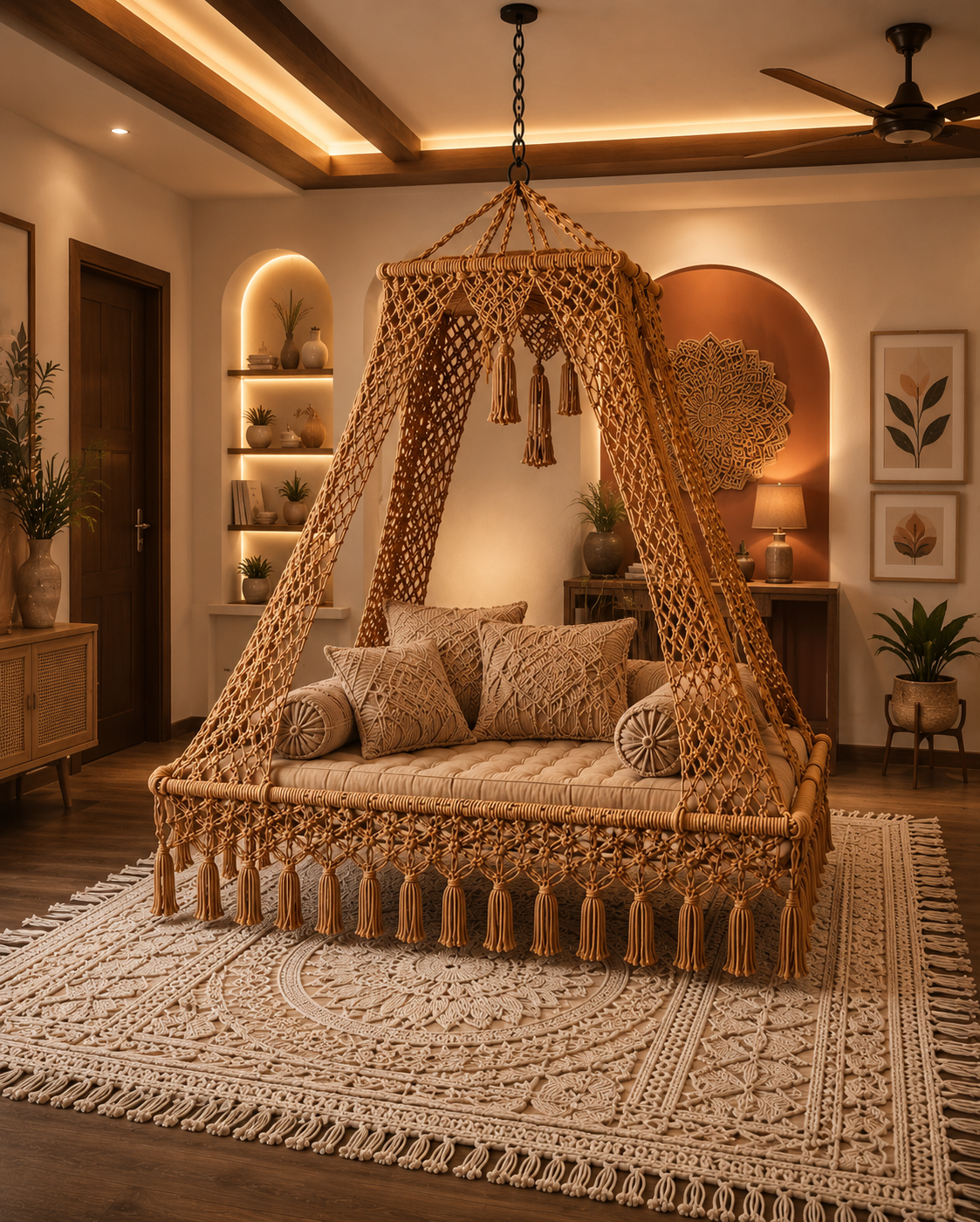 A large woven rattan canopy daybed with tassels, styled in a warm bohemian bedroom setting with a matching patterned rug, wooden ceiling beams, and ambient warm lighting.