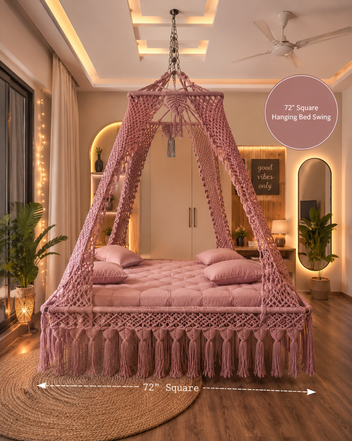 A pink macrame hanging bed swing suspended over a mattress in a styled bedroom. The image includes text overlays indicating '72" Square Hanging Bed Swing' and '72" Square', with a color swatch circle on the upper right.