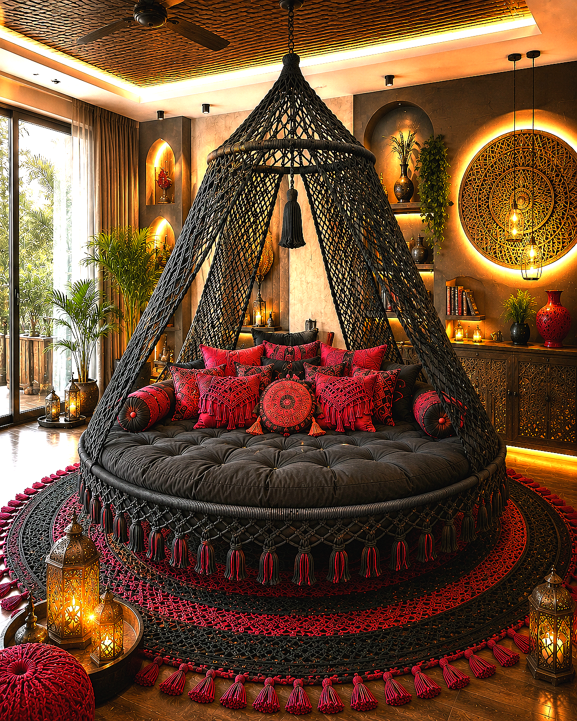 A large round bohemian daybed with a black woven canopy frame, upholstered in dark charcoal gray fabric, and decorated with red and pink patterned pillows, set in a warmly lit, highly decorative room.