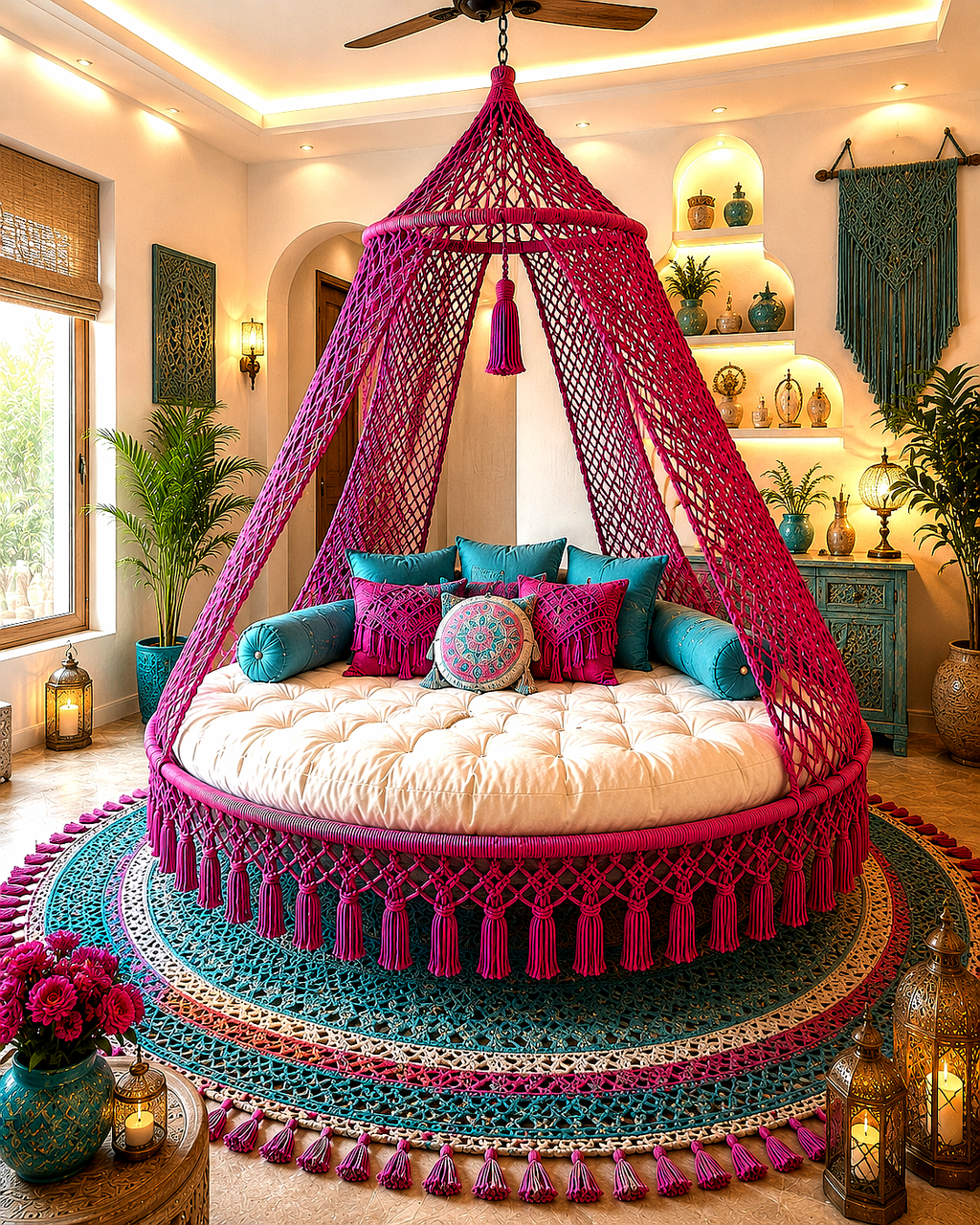 A round daybed with a bright pink macrame canopy and tassel fringe, styled in a richly decorated bohemian room with teal pillows, a large patterned rug, and warm ambient lighting.