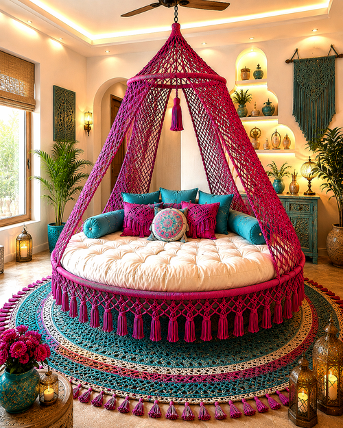 A round daybed with a bright pink macrame canopy and tassel fringe, styled in a richly decorated bohemian room with teal pillows, a large patterned rug, and warm ambient lighting.