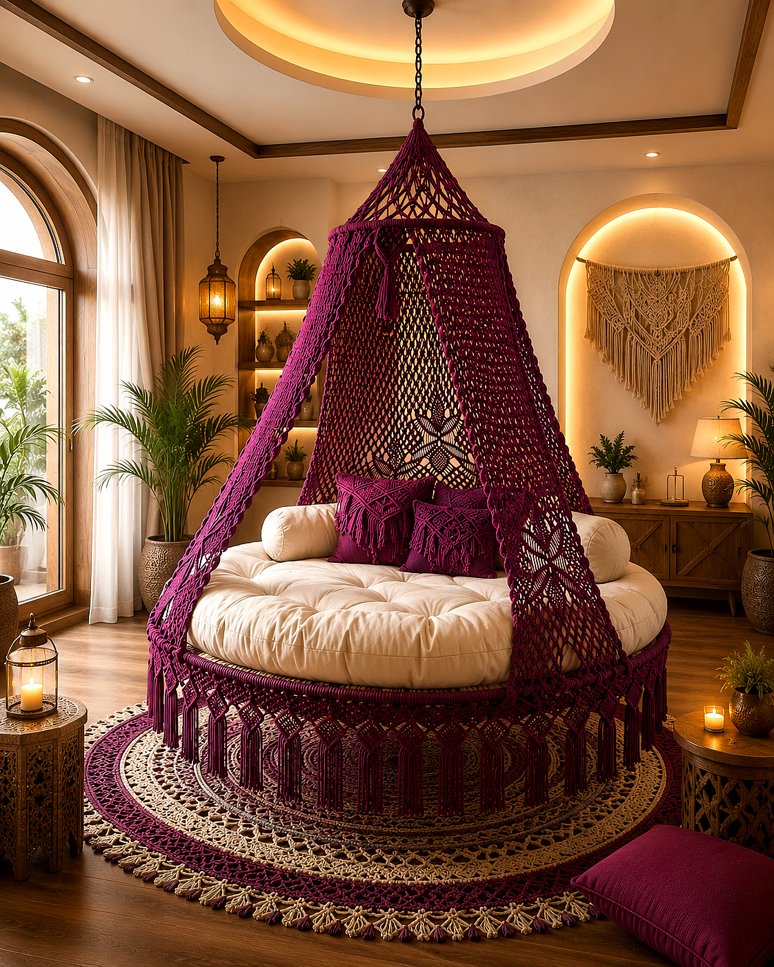 A large round daybed with a deep purple macrame hanging canopy and cream cushion, styled in a warm bohemian room with lit arches, plants, and wooden flooring.