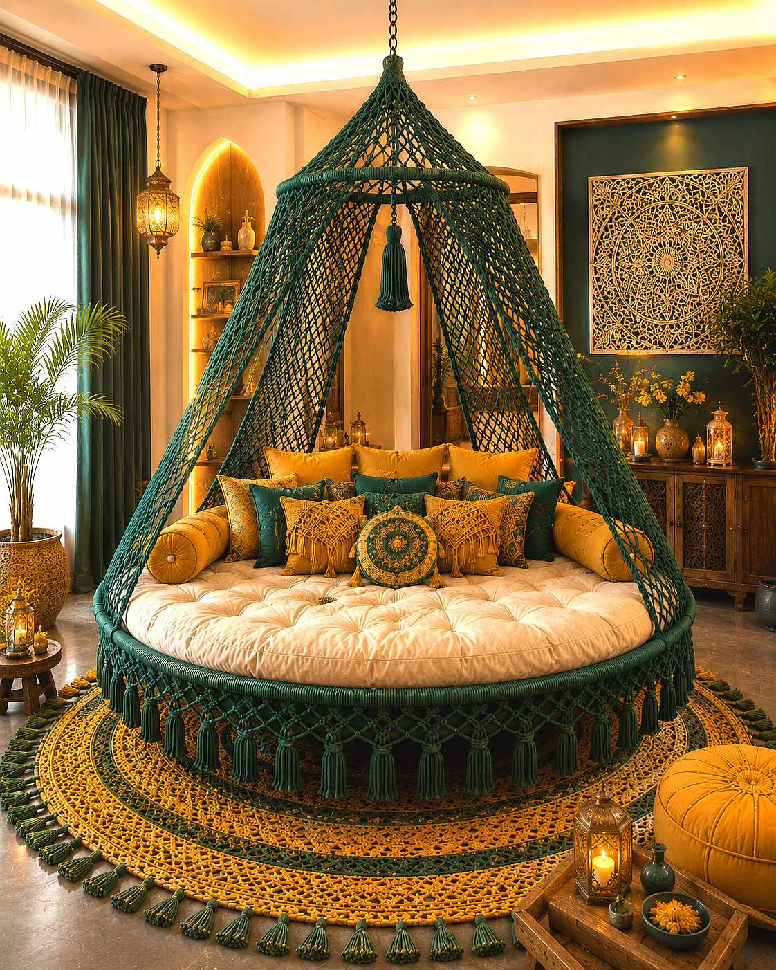 A round daybed with a large Green macrame hanging canopy and tassel trim, styled in a bohemian room with yellow and teal pillows, a round woven rug, and warm ambient lighting.