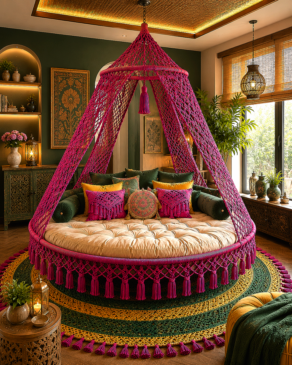 A round daybed with a bright pink macrame canopy and matching pillows, styled in a richly decorated bohemian room with green walls, warm wood ceiling, and window light.