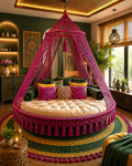 A round daybed with a bright pink macrame canopy and matching pillows, styled in a richly decorated bohemian room with green walls, warm wood ceiling, and window light.