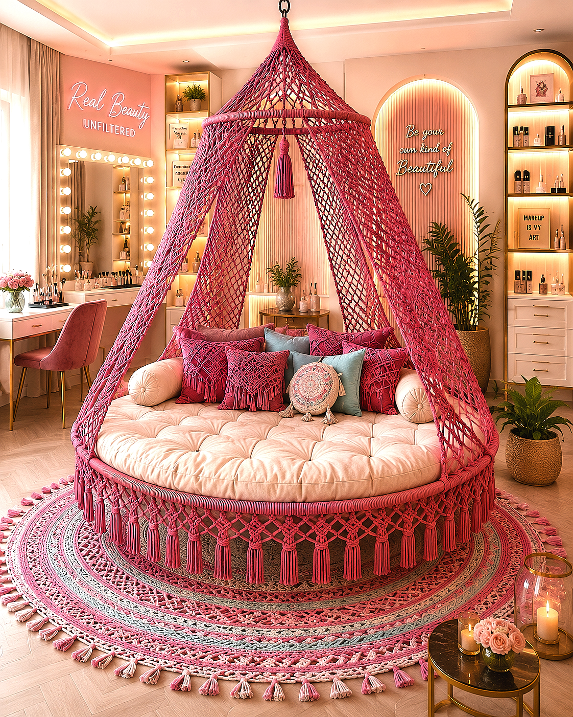 A round daybed with a large Rose Gold macrame canopy and matching tassel rug, styled in a warm, bohemian beauty salon interior with vanity mirrors, shelves, and decorative pillows.