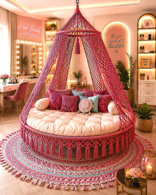 A round daybed with a large Rose Gold macrame canopy and matching tassel rug, styled in a warm, bohemian beauty salon interior with vanity mirrors, shelves, and decorative pillows.