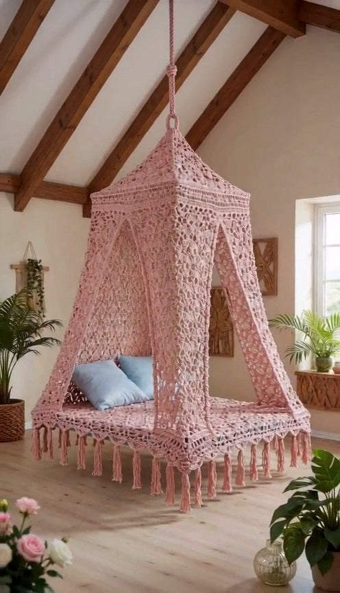 A pink hanging swing bed with tassel fringe, suspended in a rustic room with wooden ceiling beams, plants, and light wood flooring.
